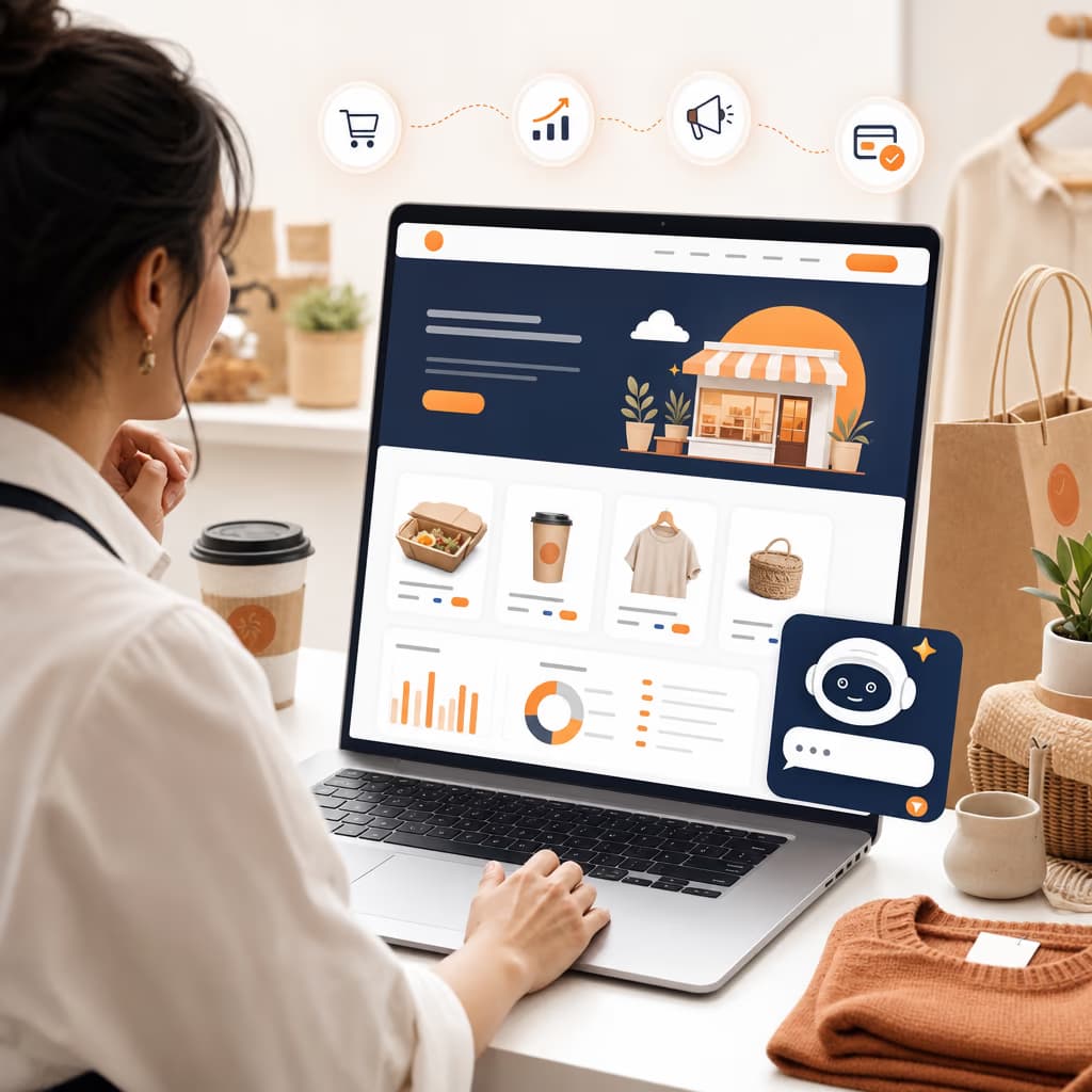 Pemilik UMKM melihat landing page modern di laptop dengan AI chat widget