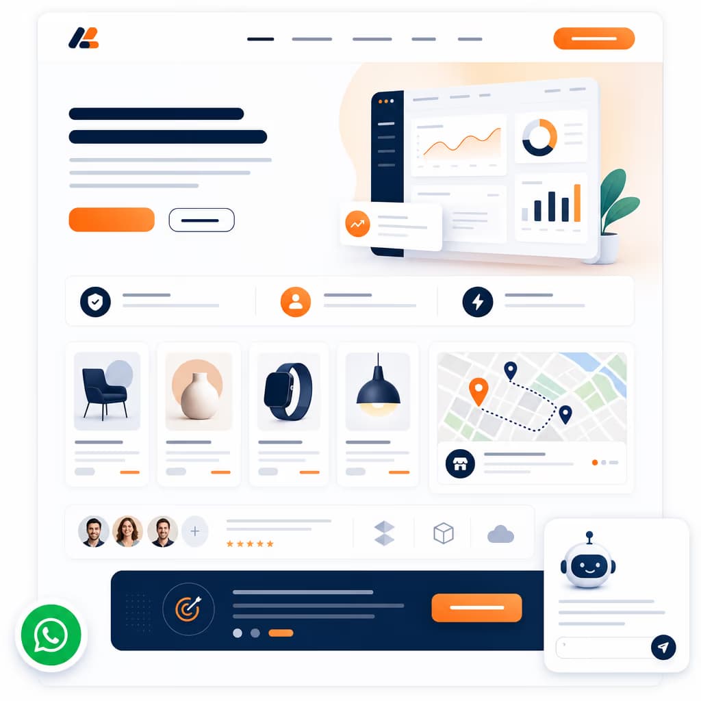 Mockup landing page UMKM dengan produk, lokasi, WhatsApp CTA, dan AI chat widget